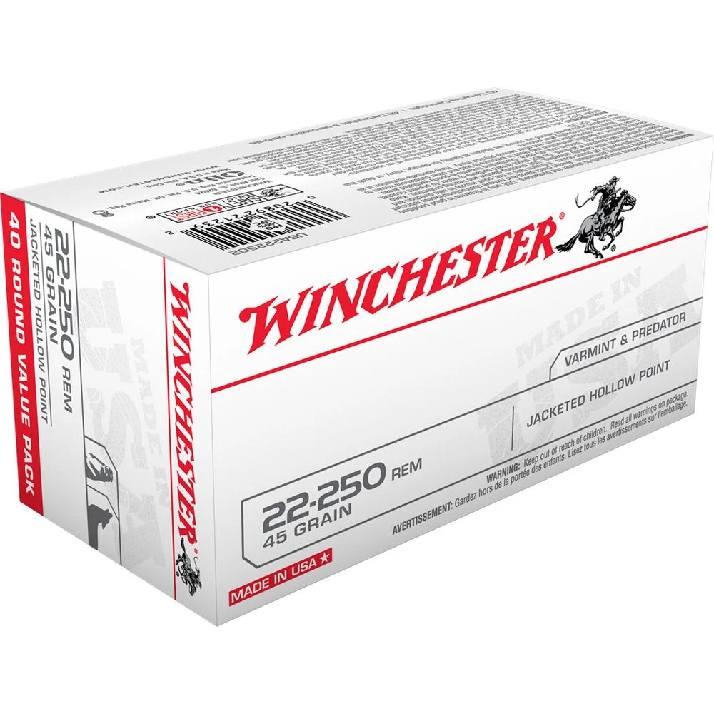 Winchester 22-250 REM - 45 Grain Jacketed Hollow Point Ammo, 40-Round, USA222502 3 Winchester 22-250 REM - 45 Grain Jacketed Hollow Point Ammo, 40-Round, USA222502